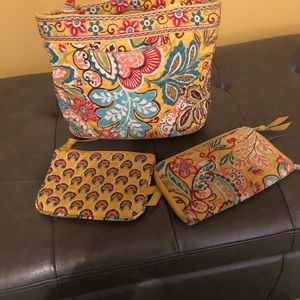 Vera Bradley cloth shoulder bag w matching makeup bag and clutch wallet .